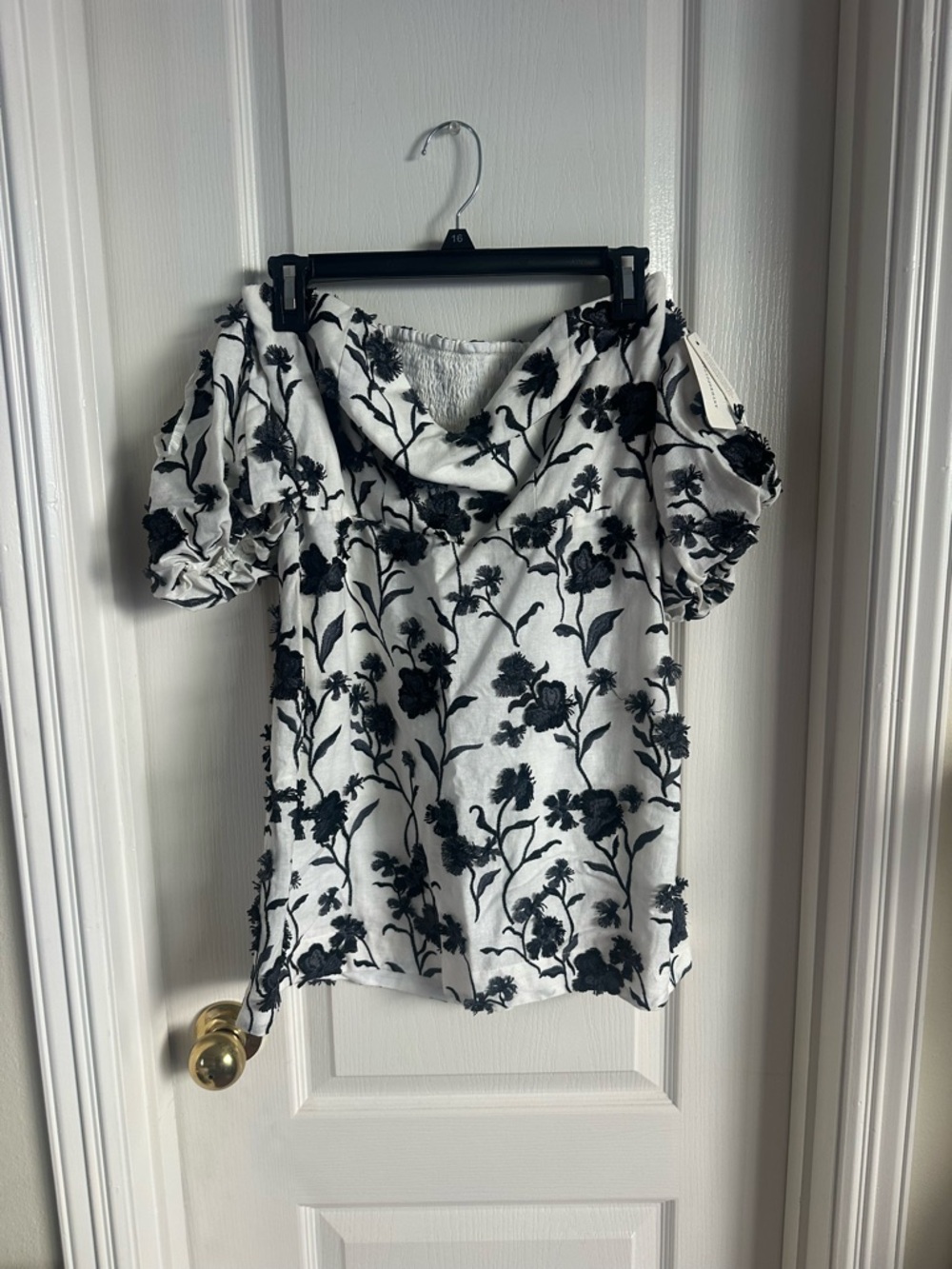 Anthropologie White Mini Dress with Black Floral Embroidery